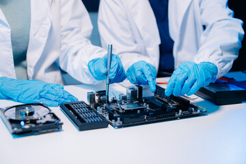 The technician is putting the CPU on the socket of the computer motherboard. electronic engineering...