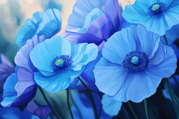 Blue Poppies Blooming in Garden. Close-up of Beautiful Blue Poppy Flowers in Full Blossom