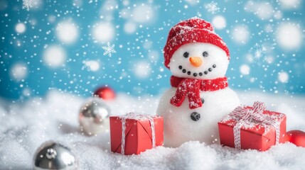 Merry Christmas winter holiday christmas background banner - Closeup of cute funny snowman with santa claus hat and scarf and red gift boxes, on snowy snow snowscape with snowflakes