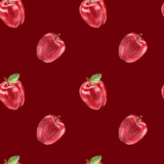 Big red apples on the red background. Aquarelle wrapping paper for package