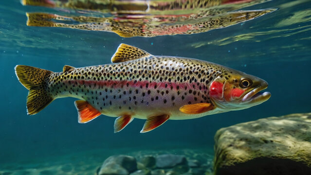 Rainbow trout swimming in the water. Rainbow trout (Trigone maxima)