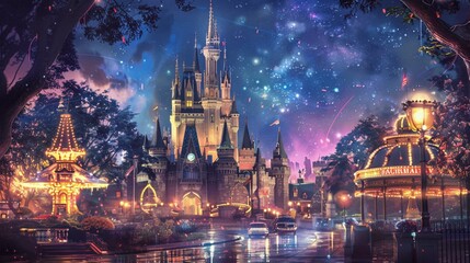 Obraz premium Enchanted Castle Night Scene with Fireworks and Lights