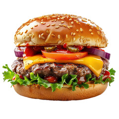 Hamburger with Cheese and Vegetables on White Background. Isolated on Transparent or White Background, PNG