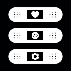 Vector Groovy Cartoon Band Aids or Plasters Inversion with Heart, Smiling Face and Flower on Black Background. Hippie Trendy Aesthetic Design Stickers, Geometric. Retro Style 70s, 80s.