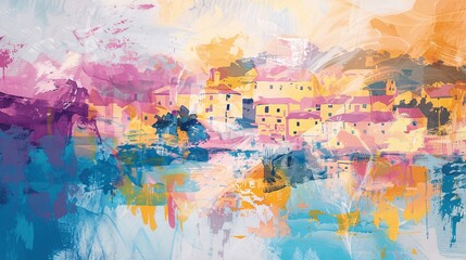 Fototapeta premium Abstract Watercolor Painting of Cityscape with Buildings and Sky