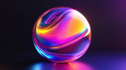 3D render of an abstract iridescent rainbow gradient sphere with swirling shapes on a black background.