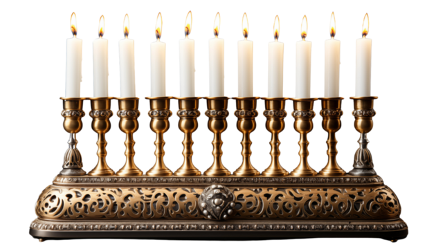 traditional golden and silver menorah with candles, sutdio view, isolated on transparent background.