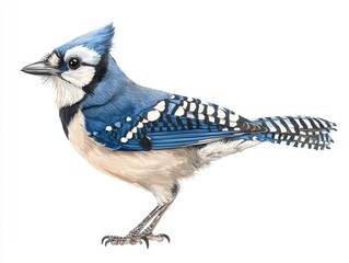 Blue jay bird standing with crest raised illustration