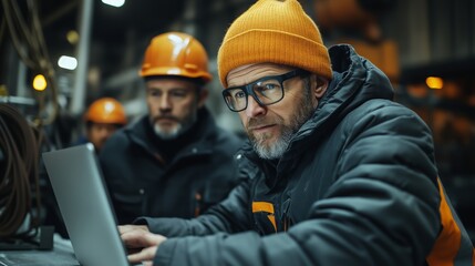 Fototapeta premium An engineer collaborates with a colleague over a laptop at an industrial plant.