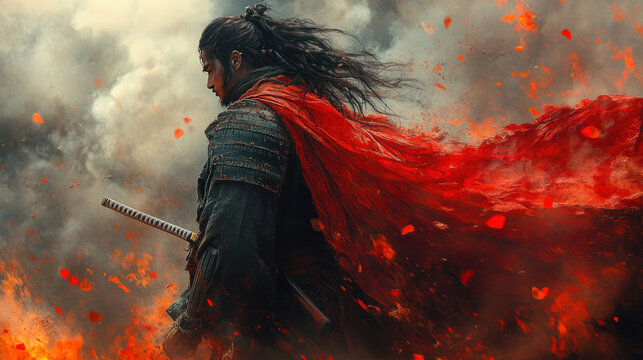 Artistic depictions of samurai as heroic figures, often with a mythical or spiritual element, such as divine intervention or supernatural foes.