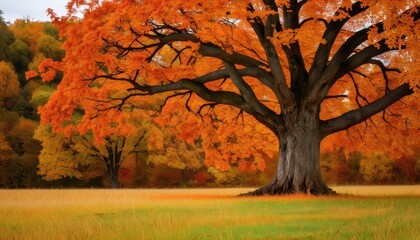 autumn landscape tree with yellow leaves in the middle of a field