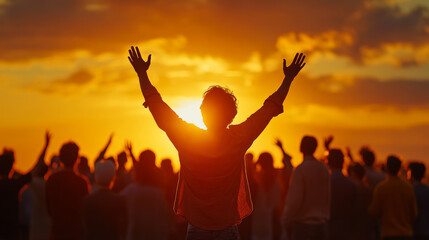 Silhouette of a Crowd at Sunset: A Moment of Hope and Togetherness