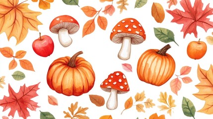 Charming Watercolor Autumn Artwork Featuring Pumpkins, Mushrooms, and Colorful Leaves