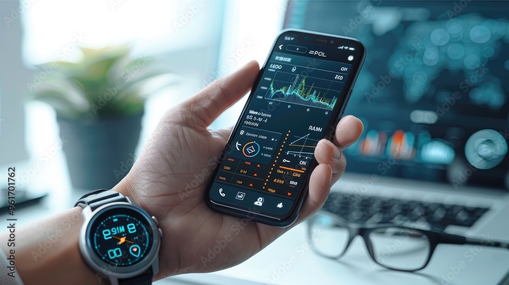 Poster A hand holding a smartphone, with a smartwatch on the wrist. Both the phone and smartwatch screens are clearly visible, displaying health vital. The background is minimalist and modern. Generative AI.
