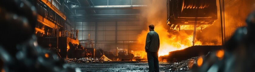 A technician in a factory, standing near a massive forge where metal is being heated to extreme temperatures