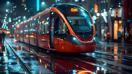 Modern Train at Night with City Lights, 3D Illustration
