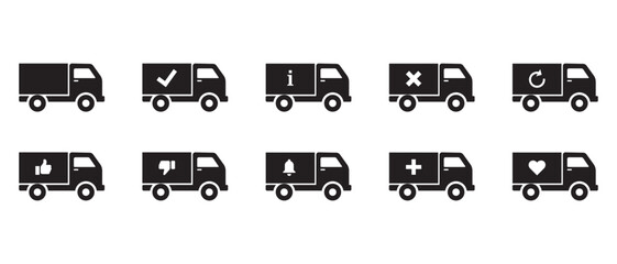 Express delivery trucks vector silhouette black icons pack. confirmation, approval, accept, information, reload, like, dislike, notification, plus vector illustration