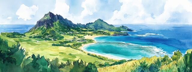 Breathtaking Coastal Landscape: A Serene Watercolor View of Tropical Island Paradise