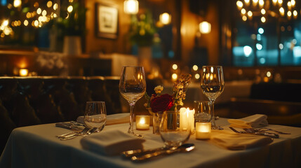 Romantic Candlelit Dinner Table Setting in a Cozy Restaurant