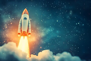 Rocket Launch Through Clouds and Stars