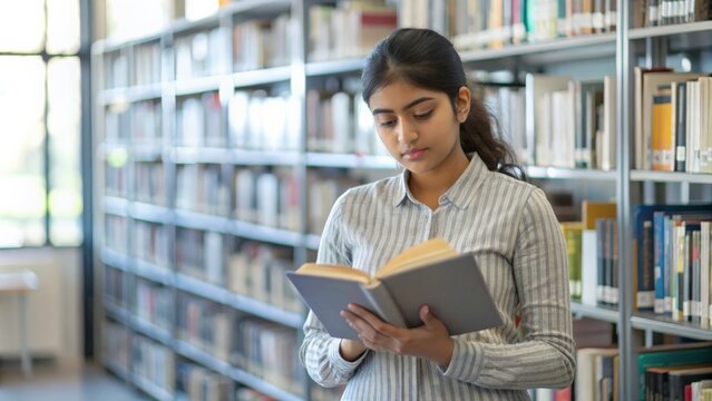 Indian  student reading book  in a library