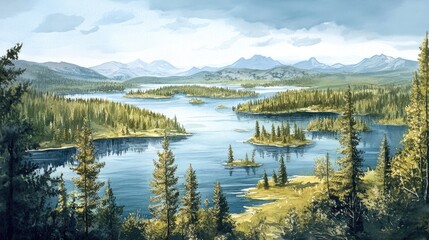 Tranquil Mountain Landscape: A Serene View of Lush Green Islands and Reflective Waters