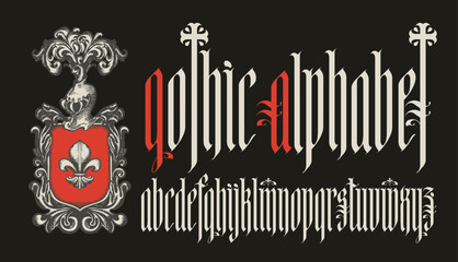 Obraz premium Gothic font. Full set of letters of English alphabet in vintage. Medieval Latin letters. Vector calligraphy and lettering and the coat of arms with a lily and a knight's helm