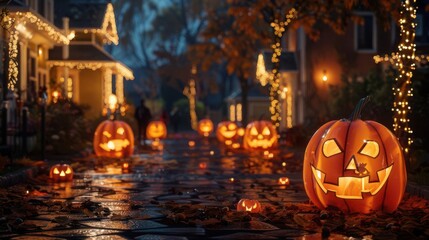 Obraz premium Spooky Halloween scene with carved pumpkins glowing on a wet street, surrounded by decorated houses and autumn leaves.