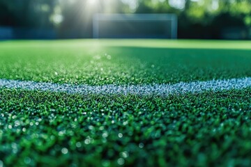 Naklejka premium A close-up of green grass with a white line. This photo is perfect for sports-related projects, advertising, or websites.