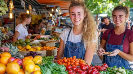 Happy Women Working at Farmers Market Selling Fresh Produce