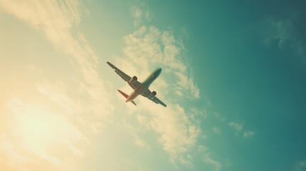 A plane flying through the sky, representing travel and tourism.