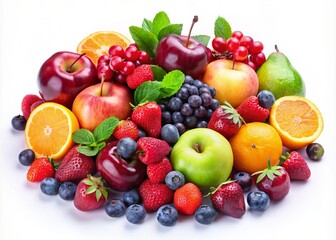 Fresh, ripe fruits in vibrant hues like orange, yellow, green, and red adorn a crisp white background, creating