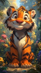 Obraz premium Cartoon art style, a playful tiger character with exaggerated features, bright colors, and a whimsical setting.