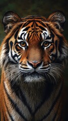 Fototapeta premium Oil painting style, a majestic tiger with rich brushstrokes, detailed stripes, and warm lighting in a classic portrait.