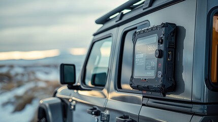 Full front view of a high tech matte black tool box option attached to a off road car window, rugged with soft edges, minimal. Generative AI.