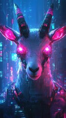 Fototapeta premium Digital art style, a futuristic goat with glowing elements and sleek design, highlighted in a vibrant, modern environment.