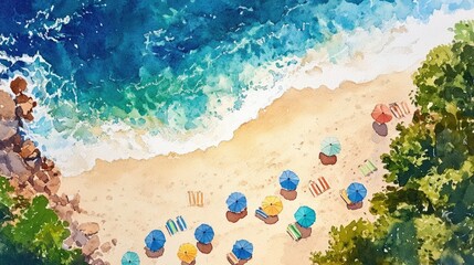Obraz premium Serene Beach Escape: Coastal Paradise with Colorful Umbrellas and Crystal Clear Waves
