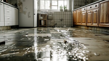 A kitchen floor inundated with water from a leak, showcasing damage to cabinets and walls, designed to illustrate the extent of flooding for a property insurance concept, with high-resolution detail.