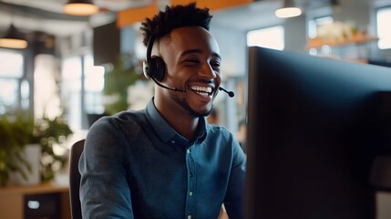A cheerful young man wearing a headset is working at a busy call center office. The image emphasizes professional customer service, showcasing a positive and engaging work environment in the tech