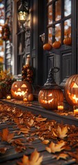 Obraz premium Closeup of a front porch with glowing jackolanterns and flickering candlelight among spooky decorations, autumn leaves scattered, photo realistic