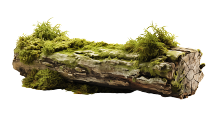 various realistic snow covered old tree stump with green moss, studio view, isolated on transparent background.