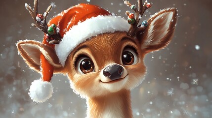A realistic reindeer in a classic Santa hat, with a fluffy white trim and adorned antlers, presenting a friendly expression against a simple, festive background with faint holiday touches.