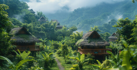 Rainforest environment, lush plants, green vegetation, simple thatched houses, a village in the middle of the plants. Generative AI.
