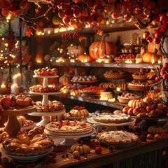 Fototapeta premium A festive autumn dessert table filled with cakes, pies, and pastries surrounded by pumpkins and fairy lights, creating a warm, cozy ambiance.