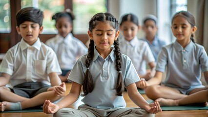  Indian students practicing mindfulness and yoga exercises in school, integrating wellness and mental health into the curriculum.