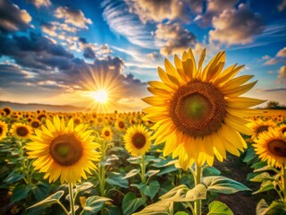 Obraz premium Golden sunflowers bloom in a vibrant field, casting a warm glow on a soft blue background, creating a