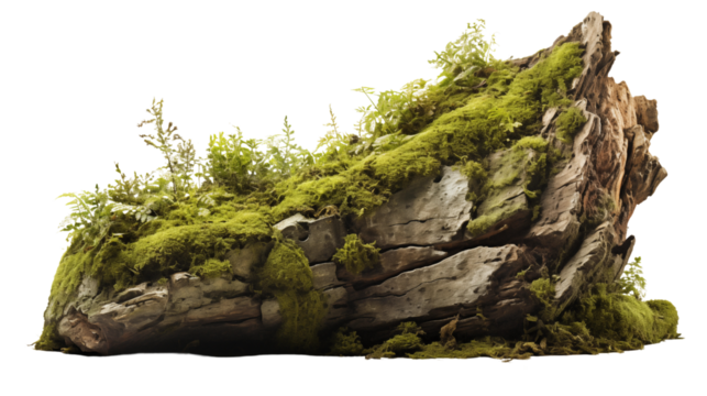 various realistic snow covered old tree stump with green moss, studio view, isolated on transparent background.