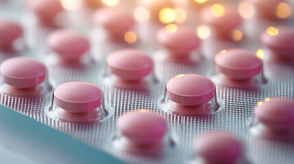 Pink hormonal oral contraceptive pills arranged in blister pack, symbolizing health and family planning.