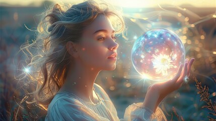 Naklejka premium A beautiful woman with her hand up holding a glowing orb, in a dream like world as a background. Generative AI.