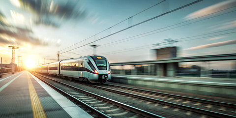 Naklejka premium Stunning Railway Station Featuring Sleek Modern Commuter Fast Train – Contemporary Design with Efficient Architecture, Clean Lines, and Advanced Transit System for Urban and Travel Stock Photography.